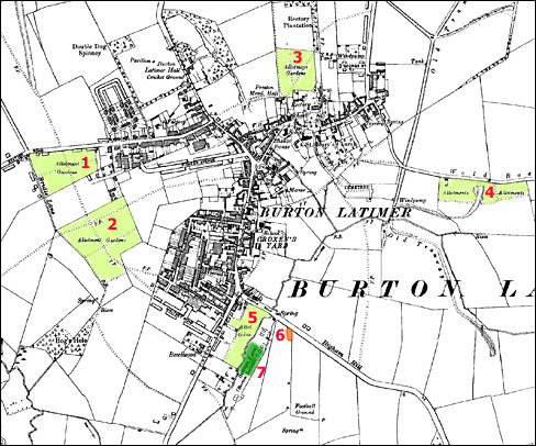 Ordnance Survey Map of the town in 1938. Light green areas show allotments then in use.  Small orange patch shows the small plot in use in the late 1940s.  Dark green area indicates the current location of the modern public allotments