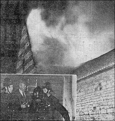 The blazing roof at the Burton fire and firemen emerging from the blackened building at Finedon.