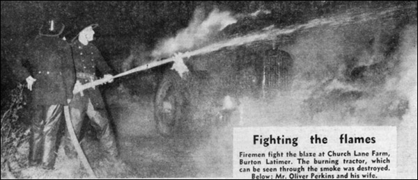 Firemen fight the flames at the staw-stack blaze at Church Lane farm in 1965