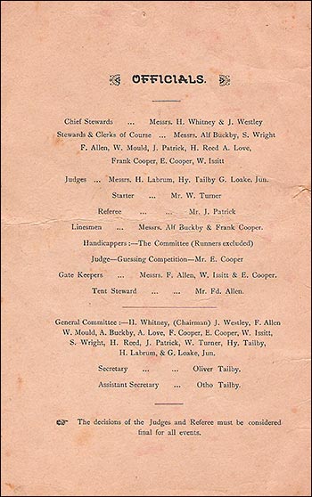 Programme for the Meat Tea and sports activities in 1911