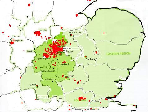 National distribution in 1881 of people born in Burton Latimer