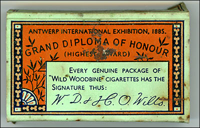 The rear of a packet of Woodbine cigarettes displayed the Grand Diploma of Honour.