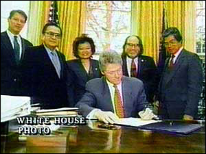 President Clinton signs the Congressional Resolution apologising to the people of Hawaii for the events of 1893
