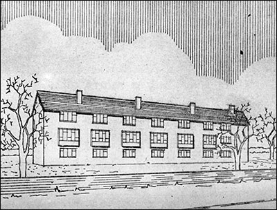 Architect's drawing of proposed flats for Croxen's Yard, 1957.