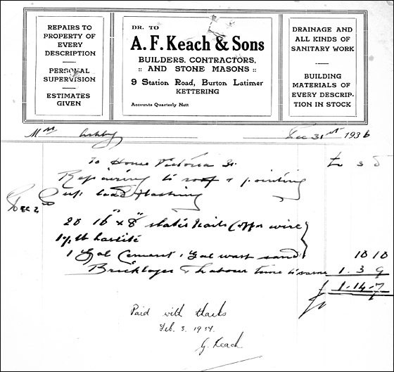 Invoice from Alfred Keach, Buildres, Contractors & Stone Masons