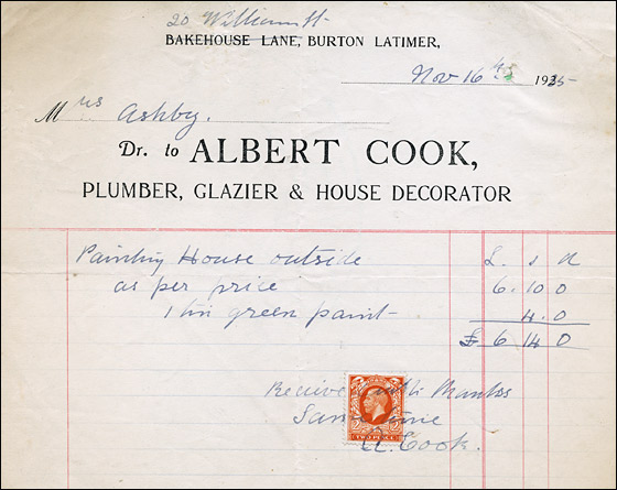 Invoice from Albert Cook, Plumber, Glazier & House Decorator