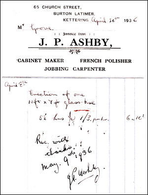 Invoice from J P Ashby, Carpenter and Cabinet Maker in Church Street