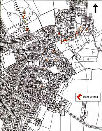 Listed buildings marked in red