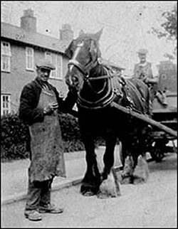 Jack Rickards and Wick Mason with the ash-cart and horse that were stabled at the BLUDC farm buildings in Higham Road 