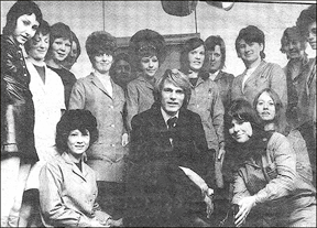 Photograph of Adam Faith, pop star, visiting Coles Boot Co in 1970