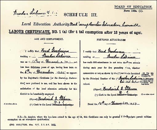 Board of Education Labour Certificate issued to Fred Goodman in 1917