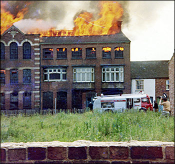 View of factory fire in 1969