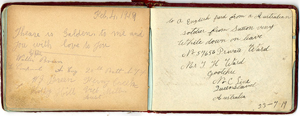 Annie Potter's Autograph Book, signed by Empire soldiers recuparating in Burton Latimer in the years 1917-1919