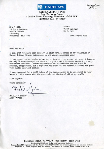 Letter from Barclays Bank - August 1995