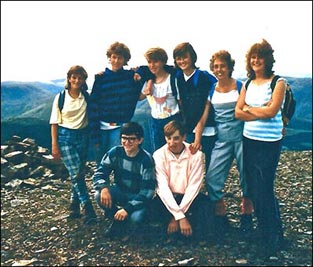 Photo showing 1987 St Mary's Youth Group reaching the heights  with Nicola Harlow, Sharon Deacon, Caroline Smith, Caroline Mutlow, Iris Sharman, Julie Sharman, Simon Wright, Stephen Boyce