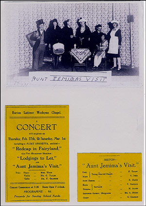 Photograph and posters of drama group at Wesleyan Chapel showing Mabel Dainty (Allen) starring in the play "Aunt Jemima's Visit"