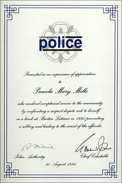 Certificate presented to Pam Mills