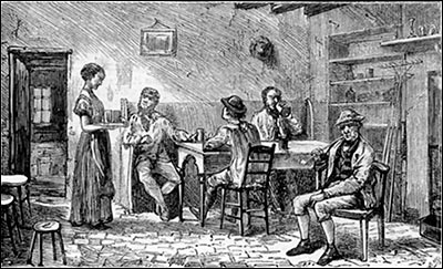 Picture of the interior of a village inn dated 1872, thought to be that of The Thatcher's Arms.