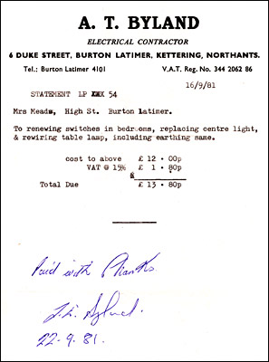 Invoice from A T Byland, Electrical Contractor