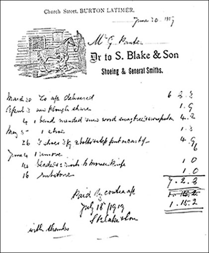 Invoice from S Blake & Son, Shoeing & General Smiths