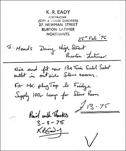 Invoice from K R Eady, Electrician