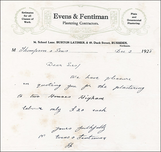 Invoice from Evens & Fentiman, Plastering Contractors