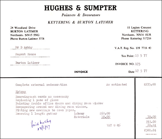 Invoice from Hughes & Sumpter, Painters & Decorators