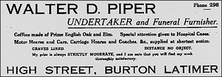 Advertisement for Walter D Piper, Undertaker and Funeral Furnisher
