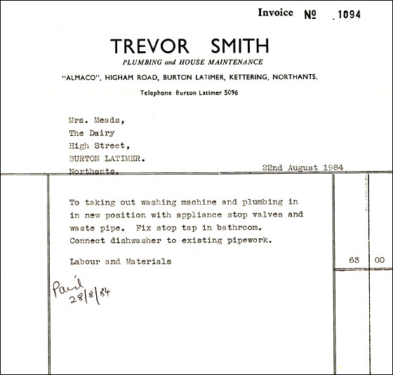 Invoice from Trevor Smith, Plumber