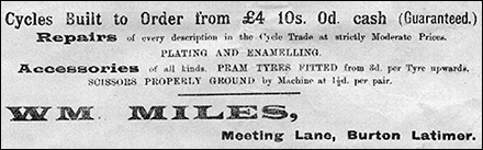 Advertisement by W M Miles, Cycle Maker