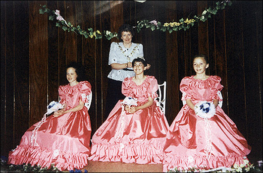 1989 Princess Rebecca Jempson being crowned by Cllr Joan Griffiths. The attendants are Emma Grant and Debbie Swinburn