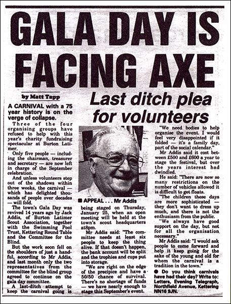 Press cutting in which Jack Addis pleads for more volunteers to help with the parade