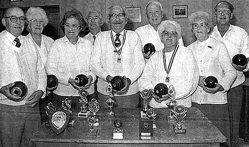 Short Mat Bowlers: Left to Right: Harry Morris, Hilda Thurlow, Joy Dacre, Geoff Coles, Frank Clipstone, Arthur Nokes, Christine Bulley, Cis Haynes and Jim Bulley