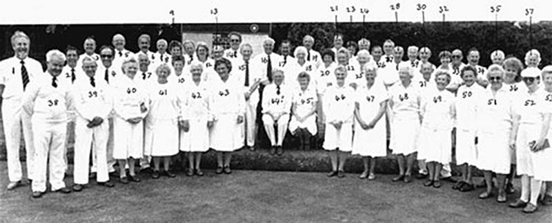 All the members of the Town Bowls Club with captains, Pete Tomlinson and Megan Britten seated in the centre