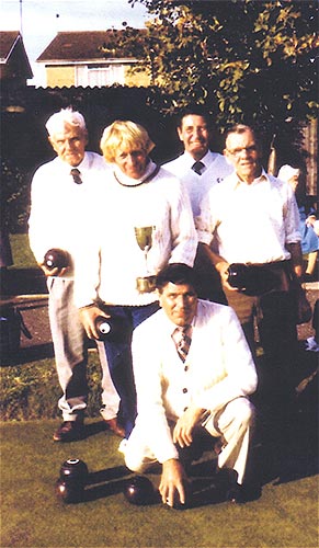 Town Bowls League Champions - 1982.  Standing: Edgar Watson,l Vic Gater, John Coles and Harry Althorpe.  Kneeling: Sid Fuller
